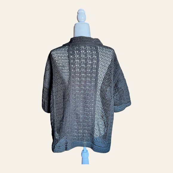 ZARA Collared Crochet Open Knit Polo Top Charcoal Boho Resort Layering L Preppy - Picture 3 of 7